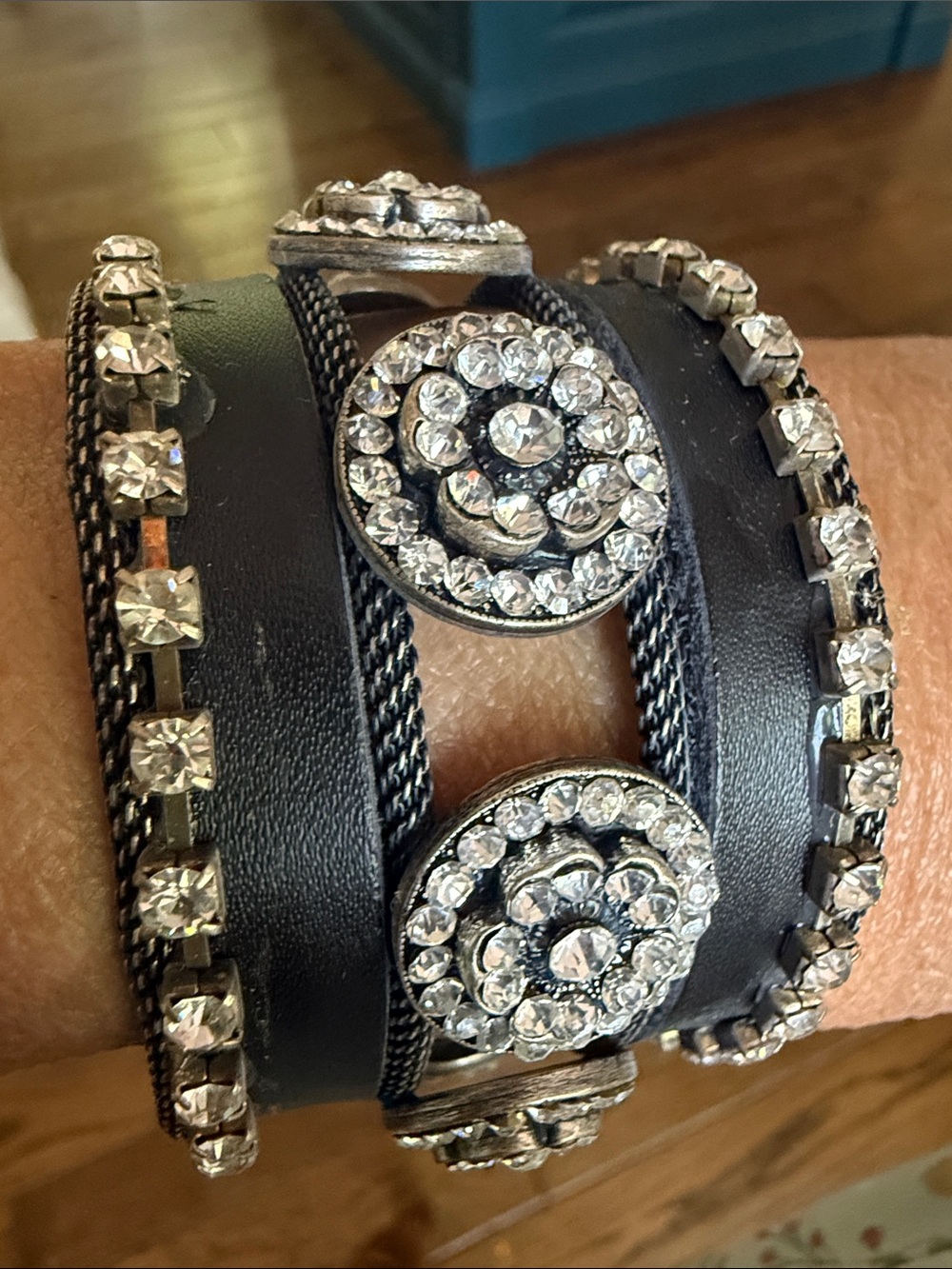 Crystal Accent Black Leather  Western Bracelet